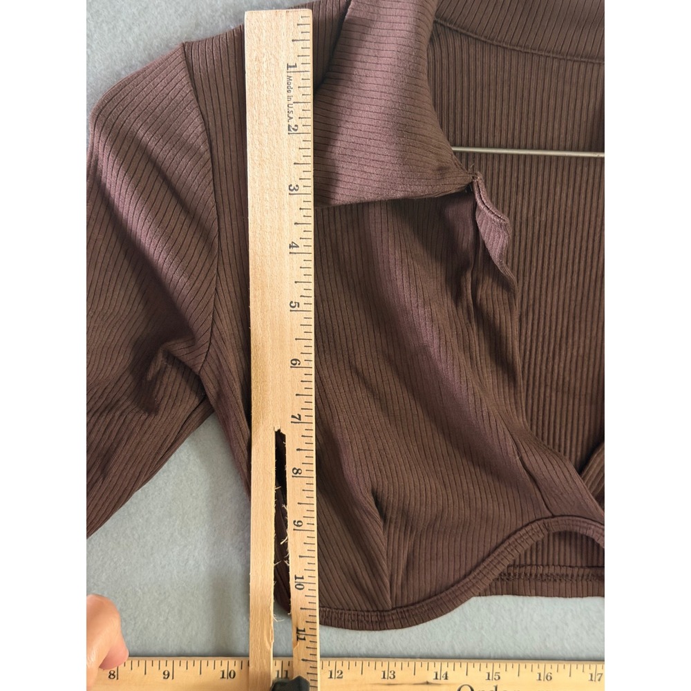 Dexire Womens S Crop Top Brown Excellent Ribbed Long Sleeve V-Neck Tulip Hem - Picture 5 of 9